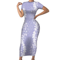 Puakenikeni and Maile Lei Family Matching Short Sleeve Bodycon Dress and Hawaiian Shirt Purple Double Strand Lei
