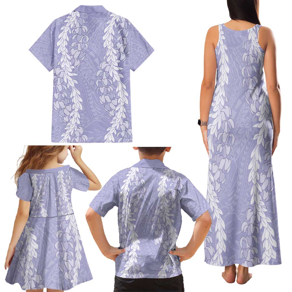 Puakenikeni and Maile Lei Family Matching Tank Maxi Dress and Hawaiian Shirt Purple Double Strand Lei