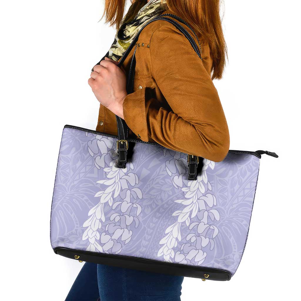 Puakenikeni and Maile Lei Leather Tote Bag Purple Double Strand Lei LT9 Purple - Polynesian Pride