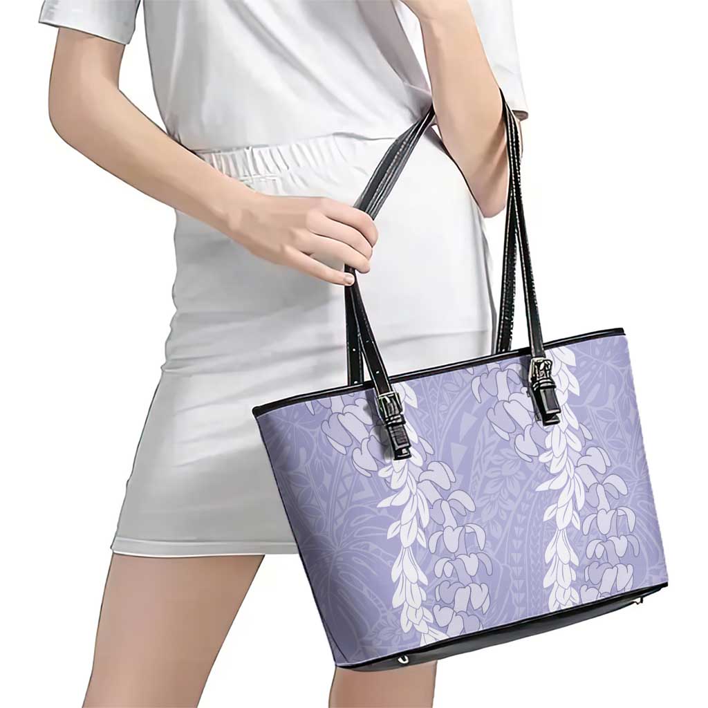 Puakenikeni and Maile Lei Leather Tote Bag Purple Double Strand Lei