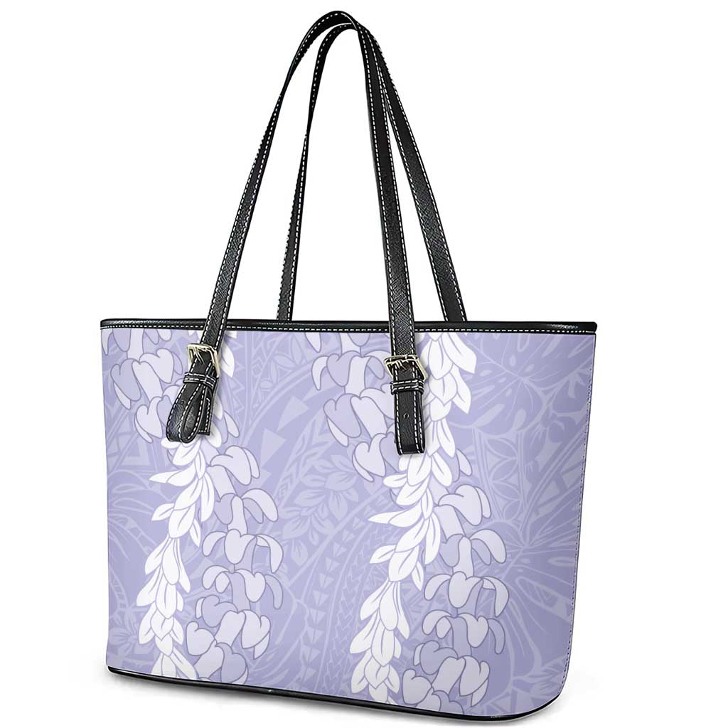Puakenikeni and Maile Lei Leather Tote Bag Purple Double Strand Lei
