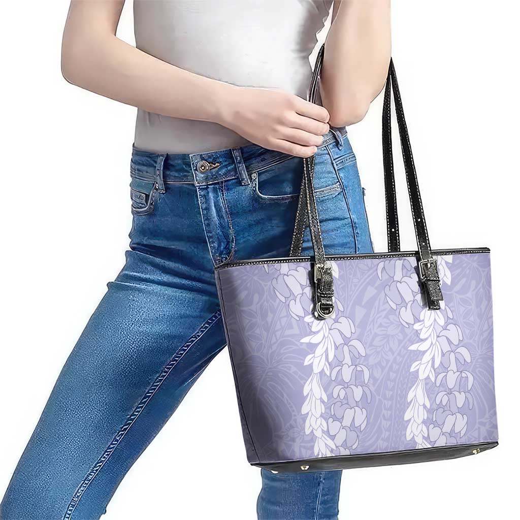 Puakenikeni and Maile Lei Leather Tote Bag Purple Double Strand Lei