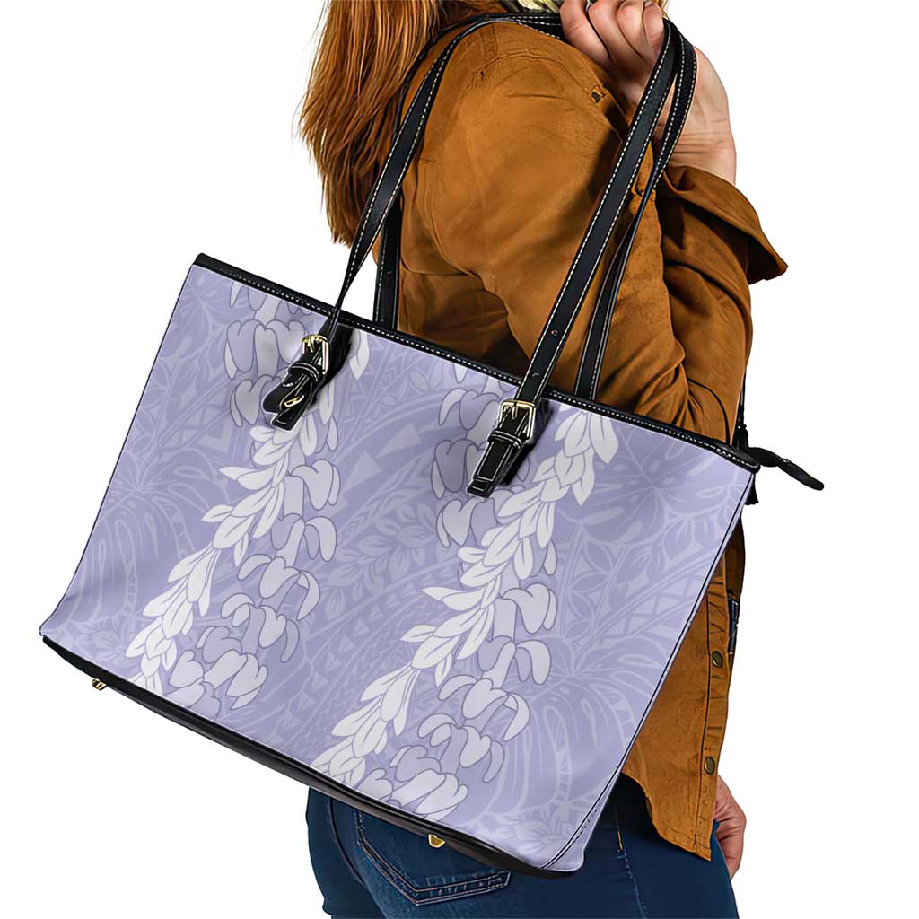 Puakenikeni and Maile Lei Leather Tote Bag Purple Double Strand Lei