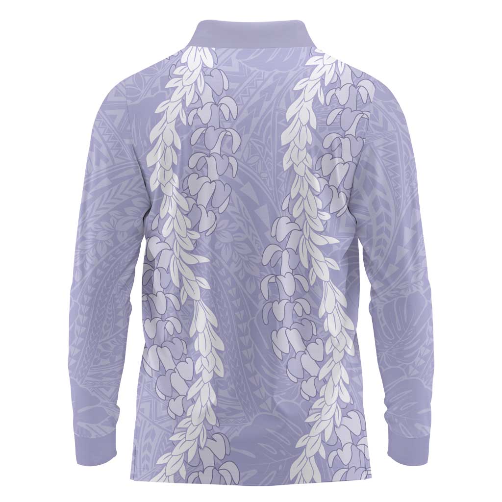 Puakenikeni and Maile Lei Long Sleeve Polo Shirt Purple Double Strand Lei