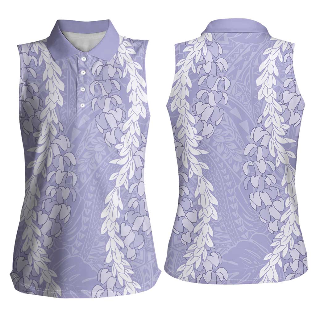 Puakenikeni and Maile Lei Women Sleeveless Polo Shirt Purple Double Strand Lei
