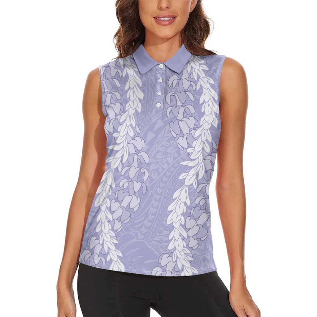 Puakenikeni and Maile Lei Women Sleeveless Polo Shirt Purple Double Strand Lei