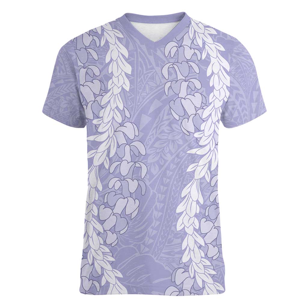 Puakenikeni and Maile Lei Women V-Neck T-Shirt Purple Double Strand Lei