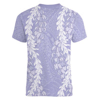Puakenikeni and Maile Lei Women V-Neck T-Shirt Purple Double Strand Lei