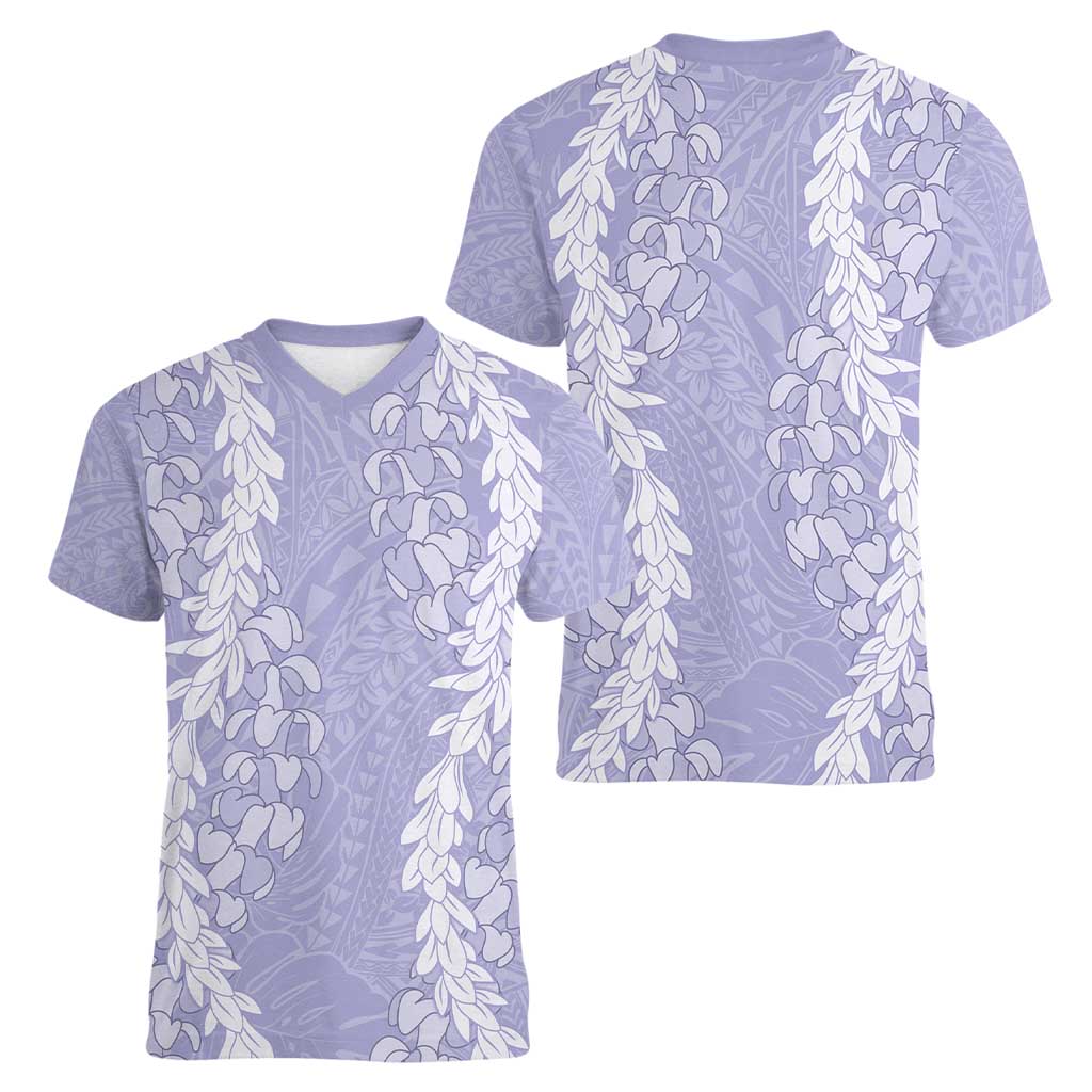 Puakenikeni and Maile Lei Women V-Neck T-Shirt Purple Double Strand Lei