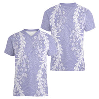 Puakenikeni and Maile Lei Women V-Neck T-Shirt Purple Double Strand Lei