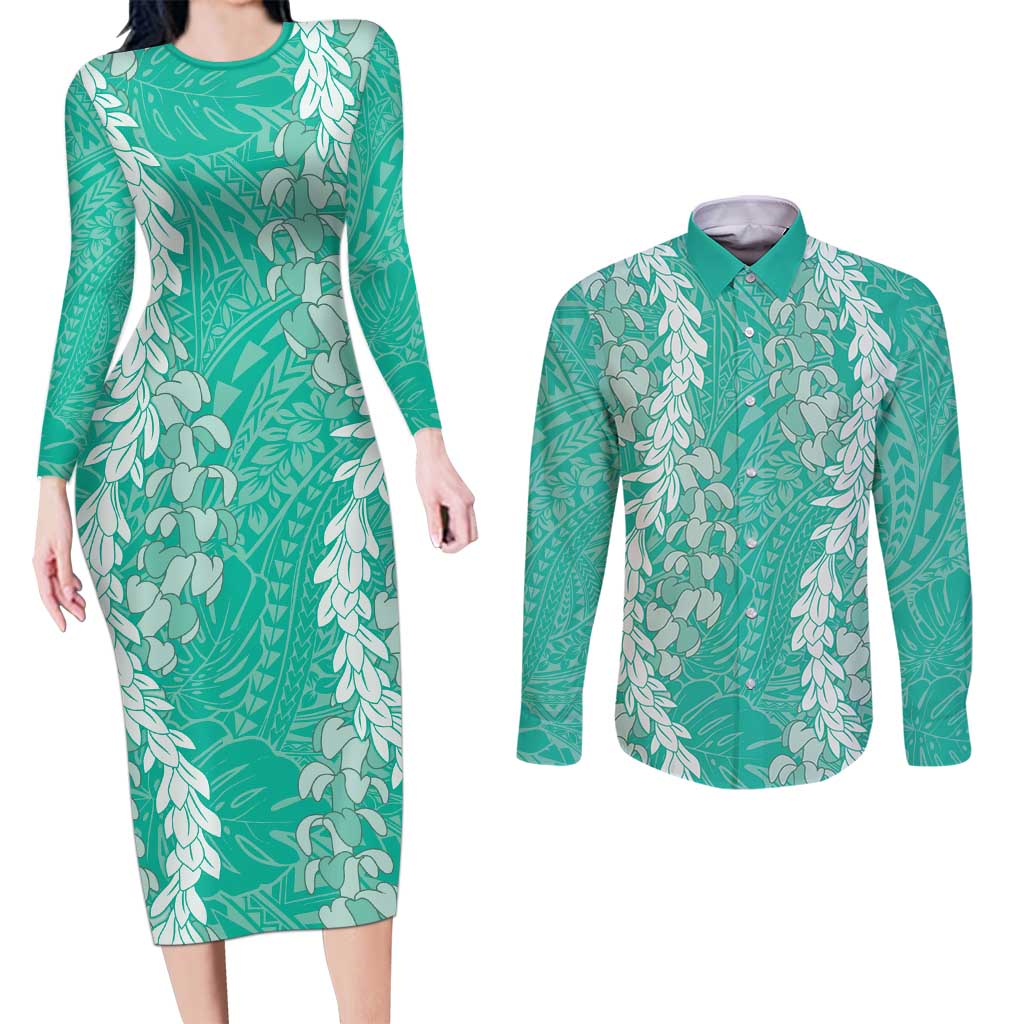 Puakenikeni and Maile Lei Couples Matching Long Sleeve Bodycon Dress and Long Sleeve Button Shirt Sage Green Double Strand Lei