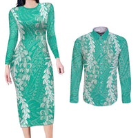 Puakenikeni and Maile Lei Couples Matching Long Sleeve Bodycon Dress and Long Sleeve Button Shirt Sage Green Double Strand Lei