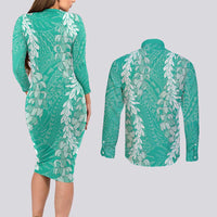 Puakenikeni and Maile Lei Couples Matching Long Sleeve Bodycon Dress and Long Sleeve Button Shirt Sage Green Double Strand Lei