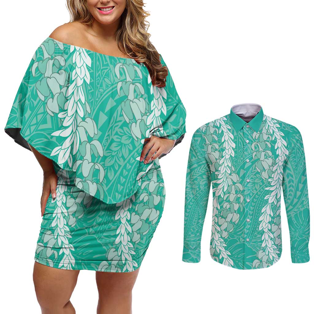 Puakenikeni and Maile Lei Couples Matching Off Shoulder Short Dress and Long Sleeve Button Shirt Sage Green Double Strand Lei
