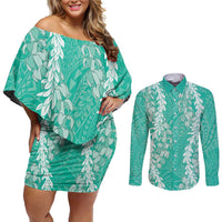 Puakenikeni and Maile Lei Couples Matching Off Shoulder Short Dress and Long Sleeve Button Shirt Sage Green Double Strand Lei