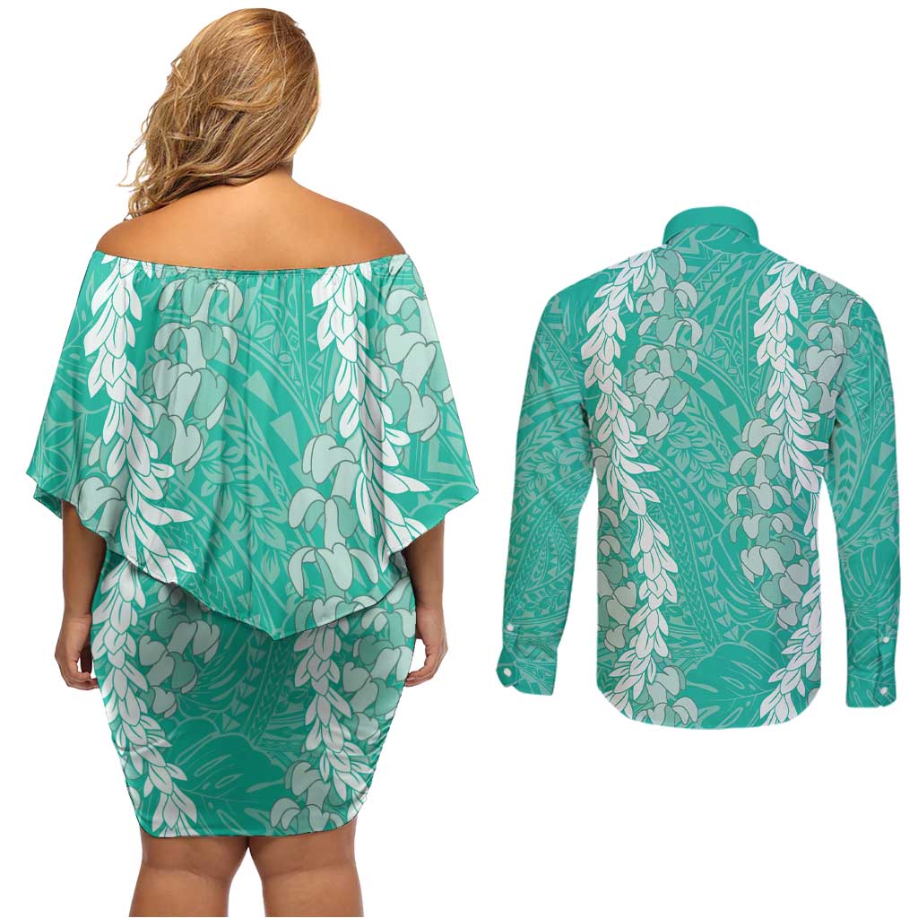 Puakenikeni and Maile Lei Couples Matching Off Shoulder Short Dress and Long Sleeve Button Shirt Sage Green Double Strand Lei