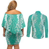 Puakenikeni and Maile Lei Couples Matching Off Shoulder Short Dress and Long Sleeve Button Shirt Sage Green Double Strand Lei