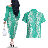 Puakenikeni and Maile Lei Couples Matching Off The Shoulder Long Sleeve Dress and Hawaiian Shirt Sage Green Double Strand Lei