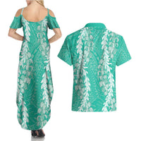 Puakenikeni and Maile Lei Couples Matching Summer Maxi Dress and Hawaiian Shirt Sage Green Double Strand Lei LT9 - Polynesian Pride