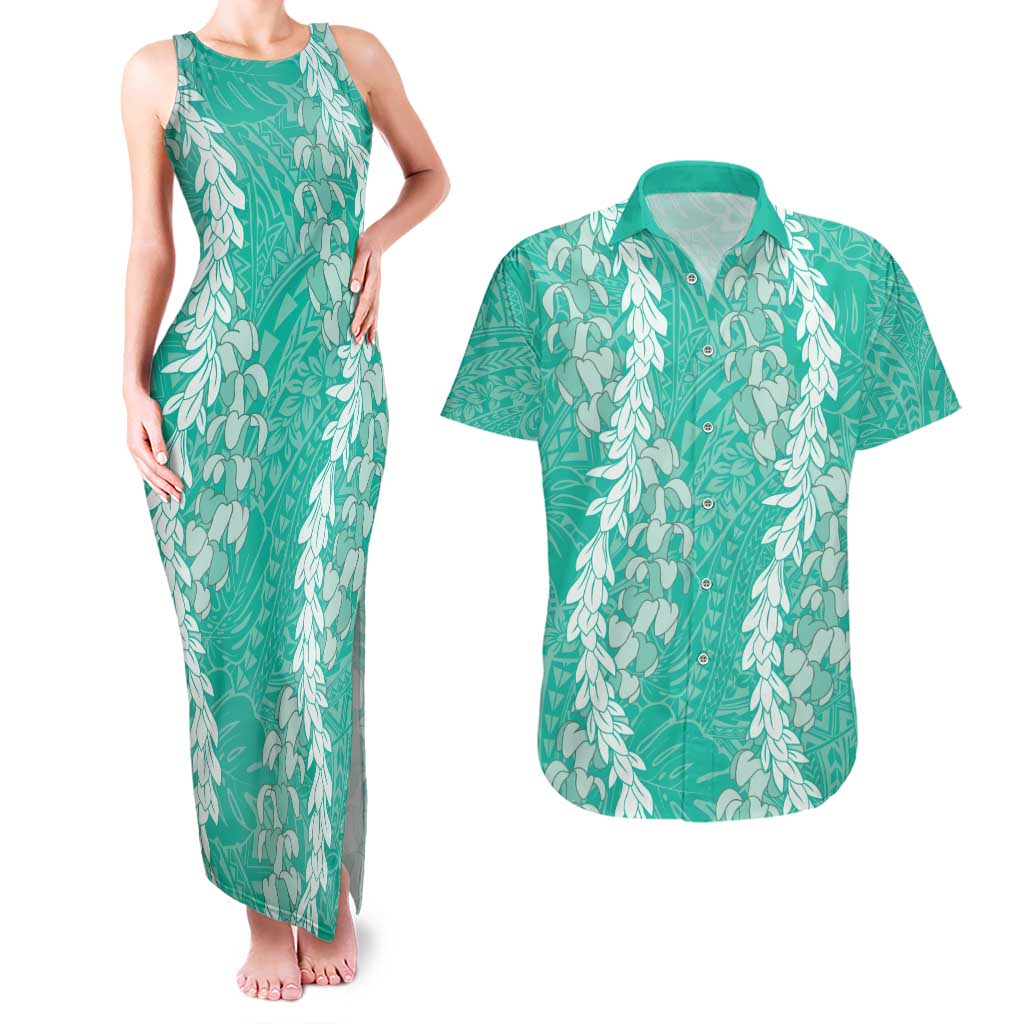 Puakenikeni and Maile Lei Couples Matching Tank Maxi Dress and Hawaiian Shirt Sage Green Double Strand Lei