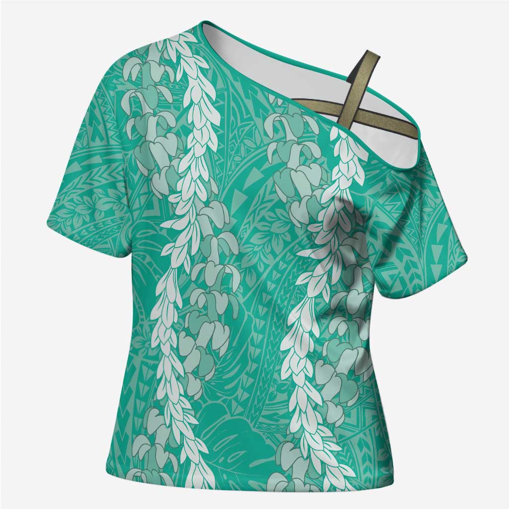 Puakenikeni and Maile Lei Cross Shoulder Shirt Sage Green Double Strand Lei - Polynesian Pride
