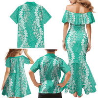 Puakenikeni and Maile Lei Family Matching Mermaid Dress and Hawaiian Shirt Sage Green Double Strand Lei