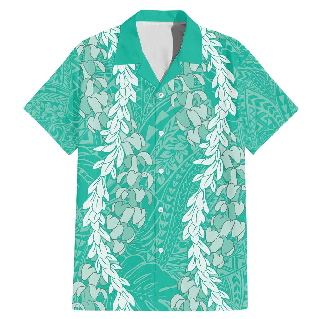 Puakenikeni and Maile Lei Family Matching Mermaid Dress and Hawaiian Shirt Sage Green Double Strand Lei