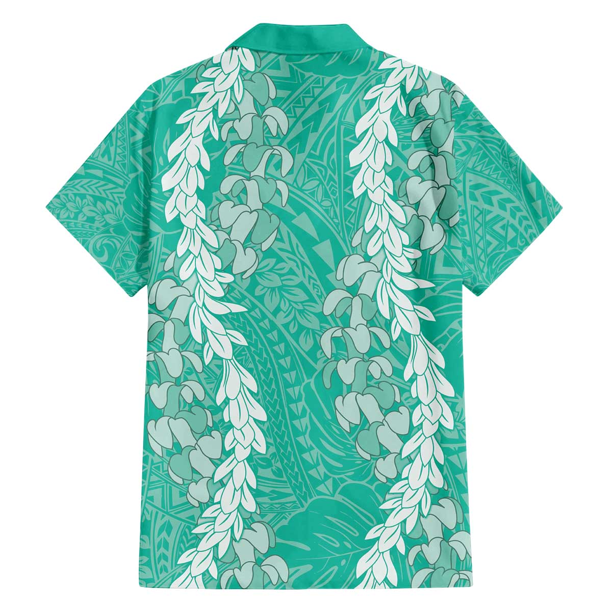 Puakenikeni and Maile Lei Family Matching Off The Shoulder Long Sleeve Dress and Hawaiian Shirt Sage Green Double Strand Lei