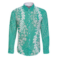 Puakenikeni and Maile Lei Family Matching Off The Shoulder Long Sleeve Dress and Hawaiian Shirt Sage Green Double Strand Lei