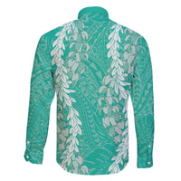 Puakenikeni and Maile Lei Family Matching Off The Shoulder Long Sleeve Dress and Hawaiian Shirt Sage Green Double Strand Lei