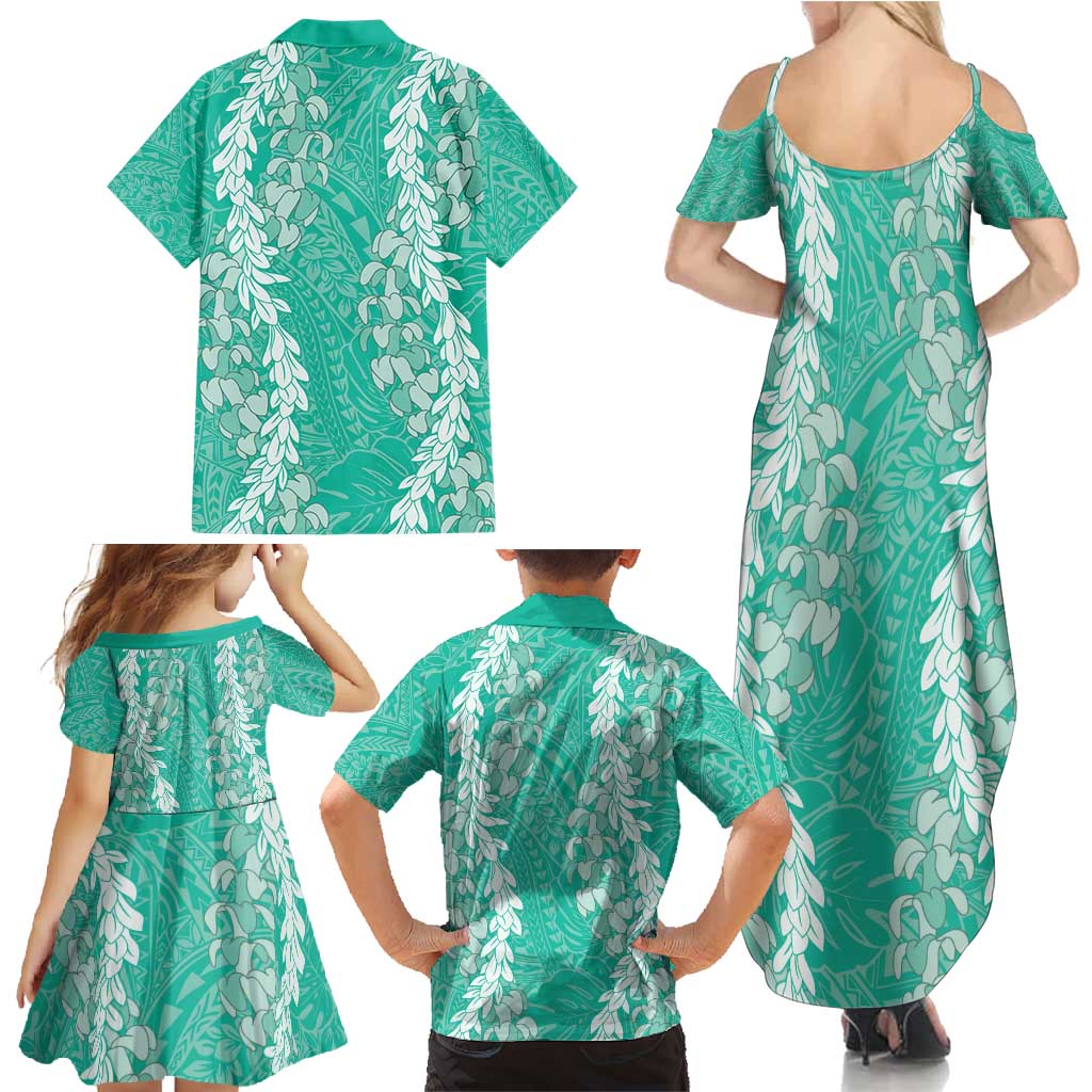 Puakenikeni and Maile Lei Family Matching Summer Maxi Dress and Hawaiian Shirt Sage Green Double Strand Lei