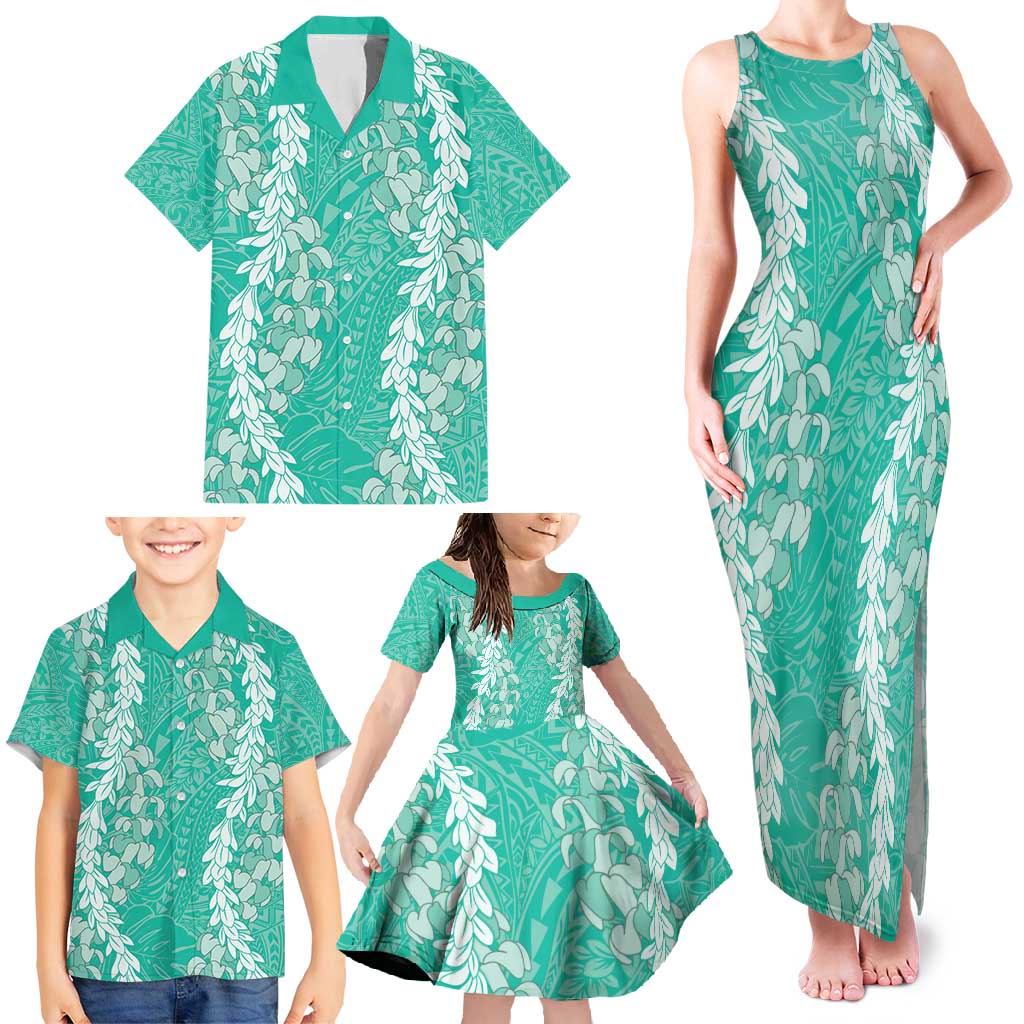 Puakenikeni and Maile Lei Family Matching Tank Maxi Dress and Hawaiian Shirt Sage Green Double Strand Lei