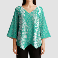 Puakenikeni and Maile Lei Kimono Sleeve Blouse Sage Green Double Strand Lei - Polynesian Pride