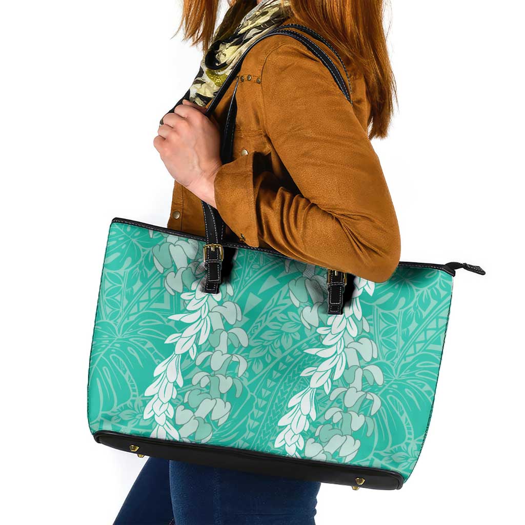 Puakenikeni and Maile Lei Leather Tote Bag Sage Green Double Strand Lei LT9 Sage Green - Polynesian Pride