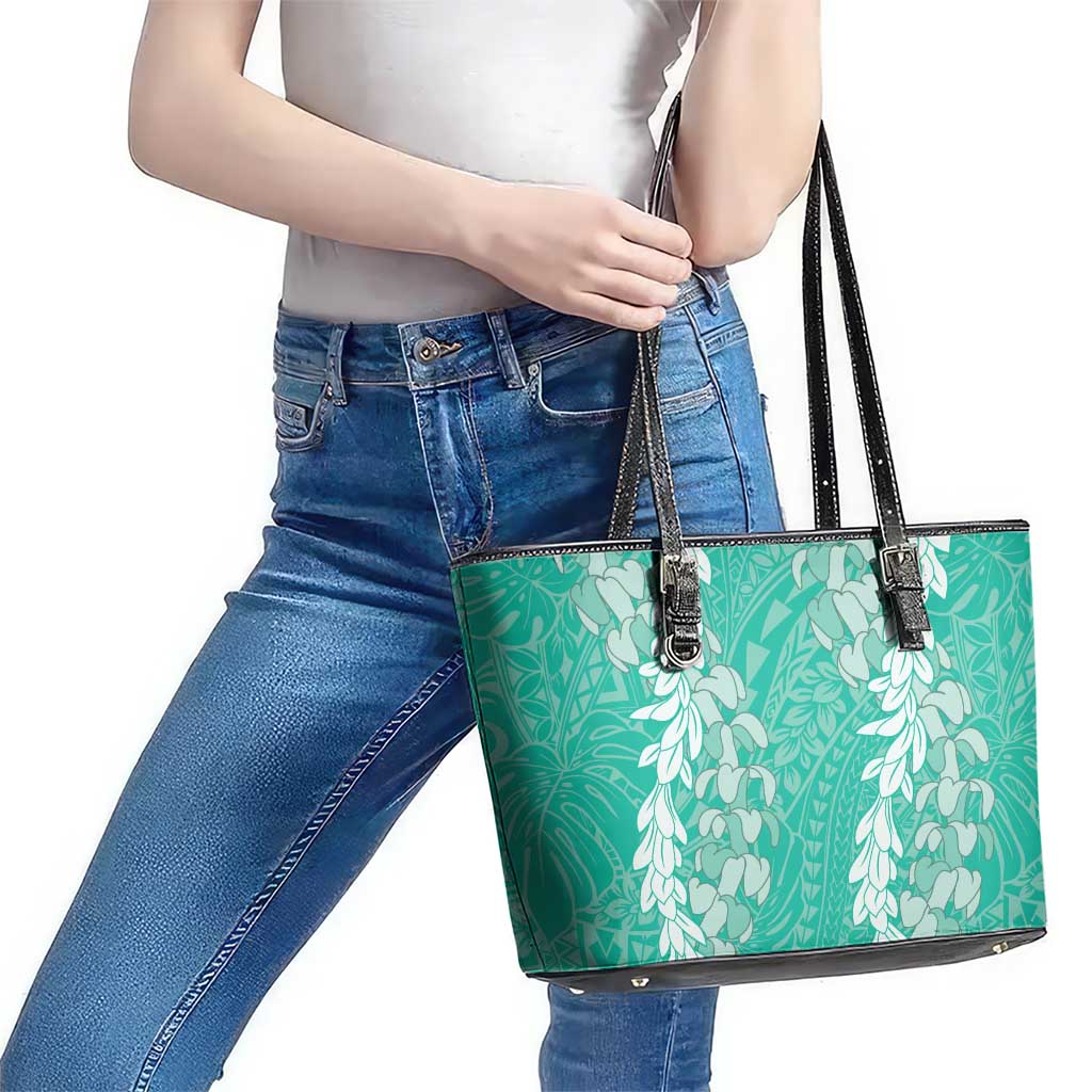 Puakenikeni and Maile Lei Leather Tote Bag Sage Green Double Strand Lei