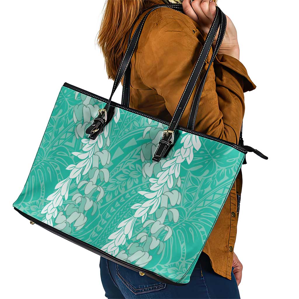 Puakenikeni and Maile Lei Leather Tote Bag Sage Green Double Strand Lei