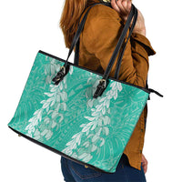 Puakenikeni and Maile Lei Leather Tote Bag Sage Green Double Strand Lei