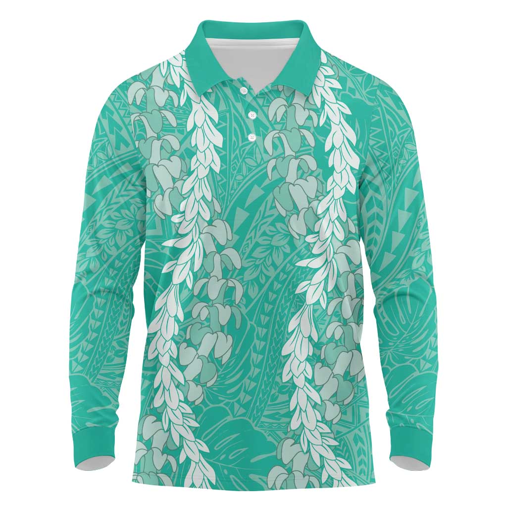 Puakenikeni and Maile Lei Long Sleeve Polo Shirt Sage Green Double Strand Lei