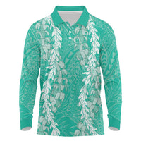 Puakenikeni and Maile Lei Long Sleeve Polo Shirt Sage Green Double Strand Lei