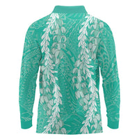 Puakenikeni and Maile Lei Long Sleeve Polo Shirt Sage Green Double Strand Lei