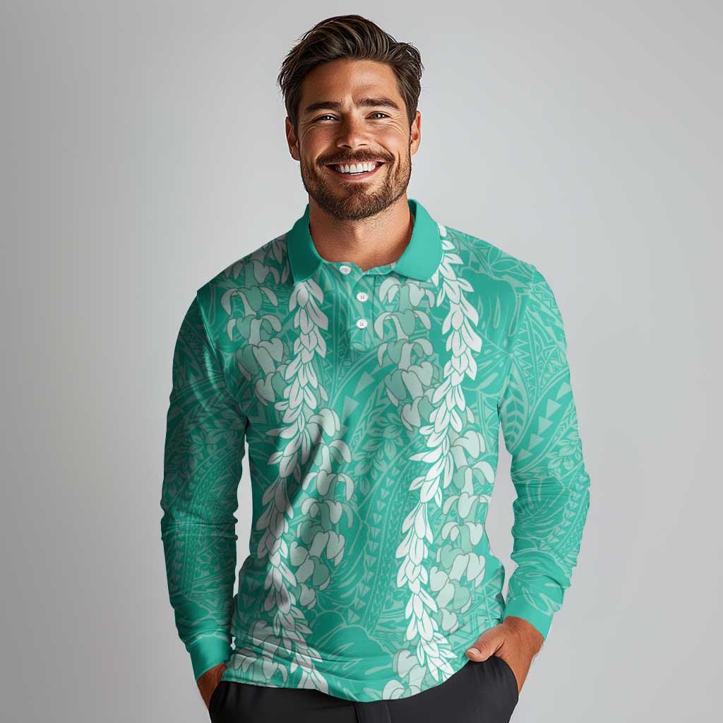 Puakenikeni and Maile Lei Long Sleeve Polo Shirt Sage Green Double Strand Lei