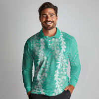 Puakenikeni and Maile Lei Long Sleeve Polo Shirt Sage Green Double Strand Lei