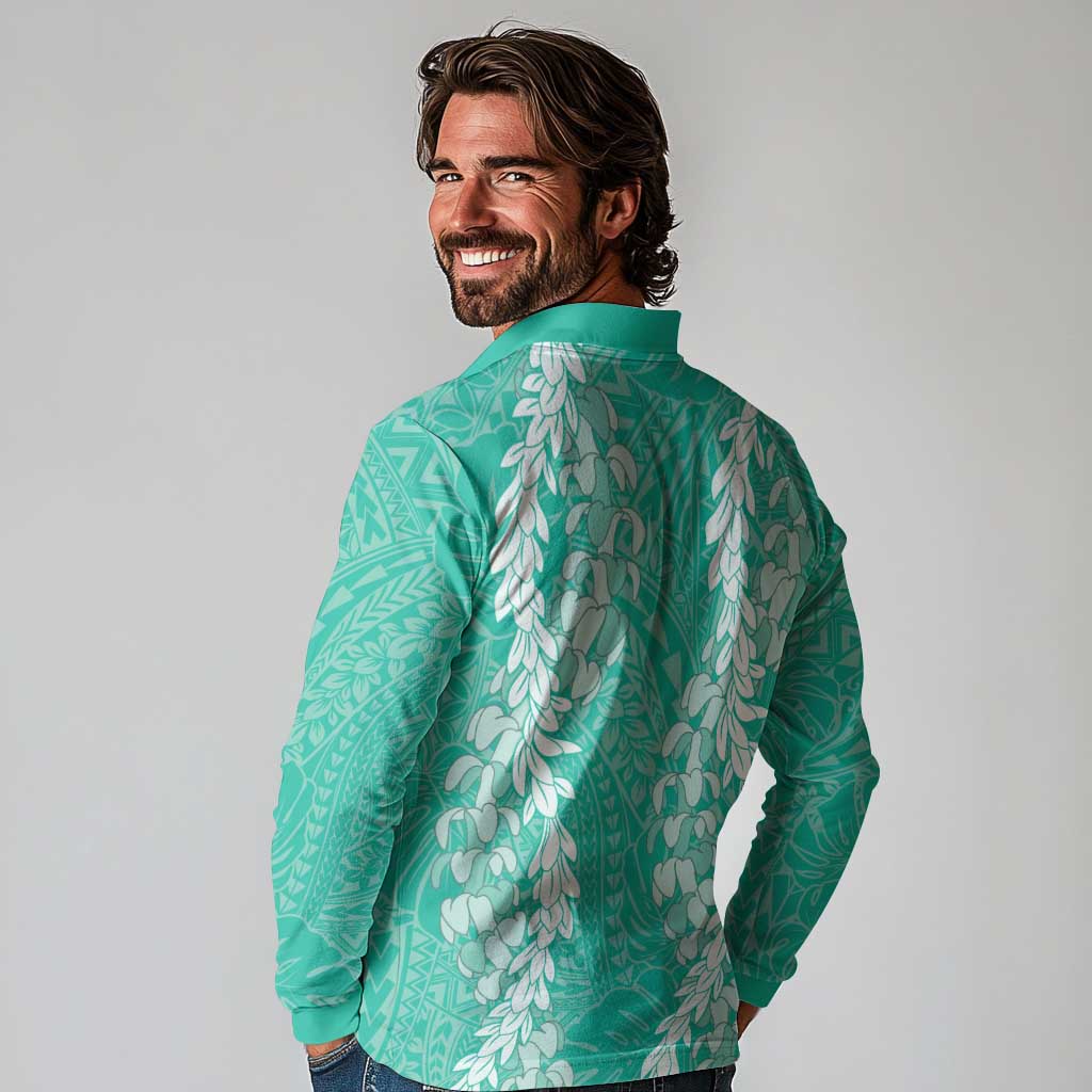 Puakenikeni and Maile Lei Long Sleeve Polo Shirt Sage Green Double Strand Lei