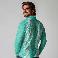 Puakenikeni and Maile Lei Long Sleeve Polo Shirt Sage Green Double Strand Lei