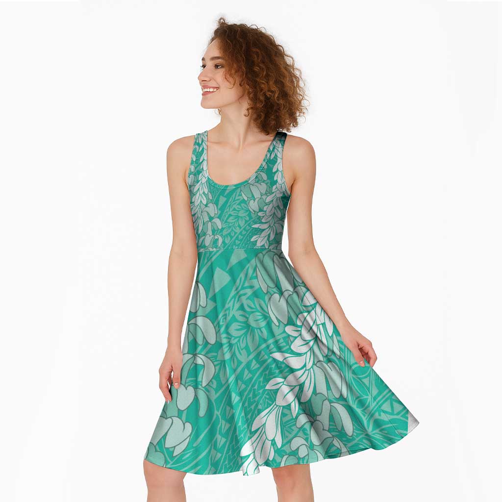 Puakenikeni and Maile Lei Midi Dress Sage Green Double Strand Lei - Polynesian Pride