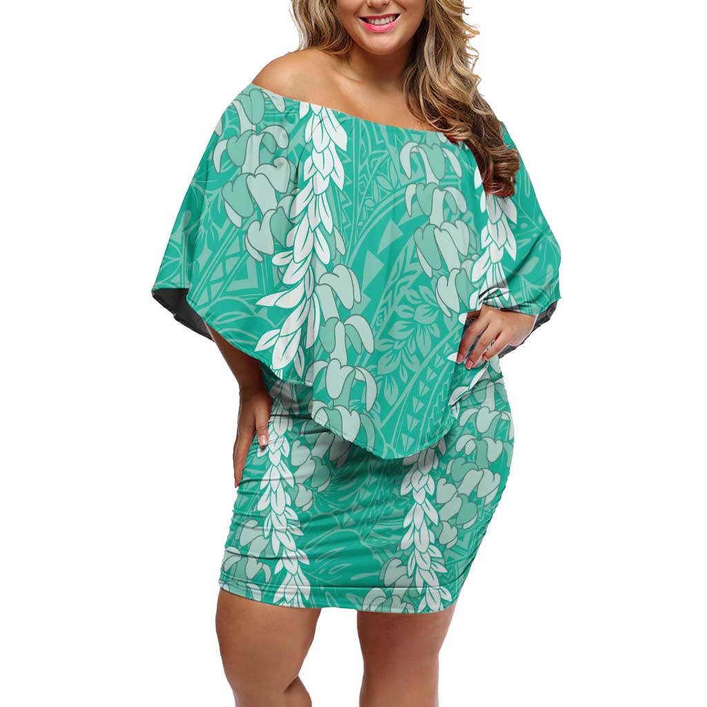 Puakenikeni and Maile Lei Off Shoulder Short Dress Sage Green Double Strand Lei