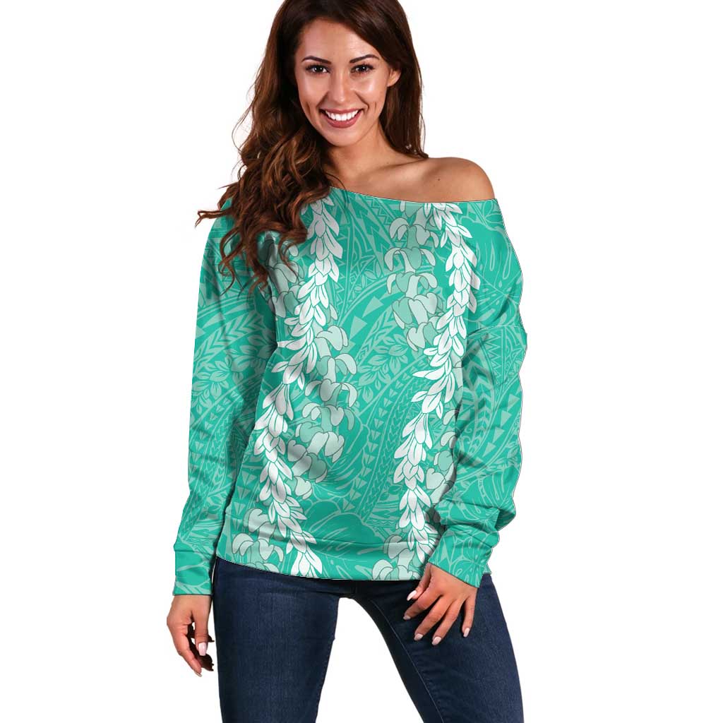 Puakenikeni and Maile Lei Off Shoulder Sweater Sage Green Double Strand Lei