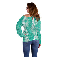 Puakenikeni and Maile Lei Off Shoulder Sweater Sage Green Double Strand Lei