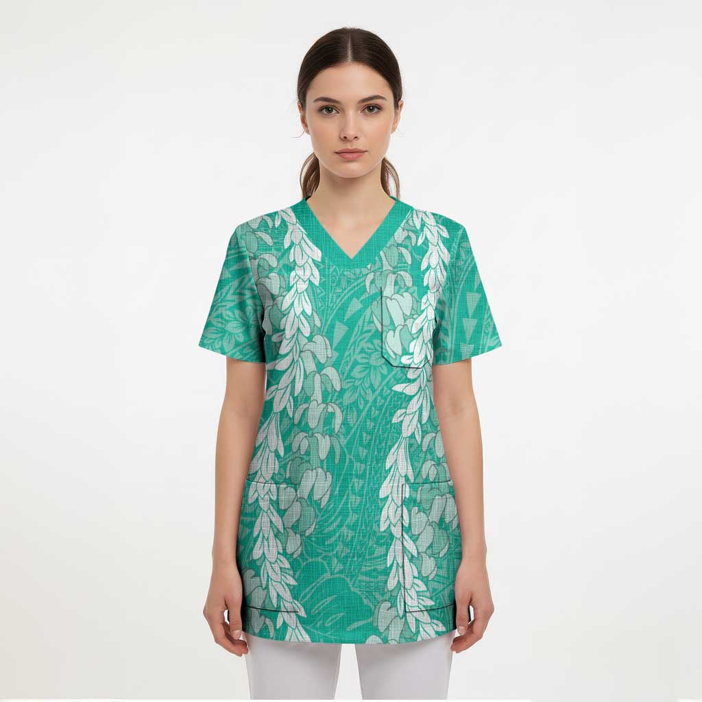 Puakenikeni and Maile Lei Scrub Top Sage Green Double Strand Lei - Polynesian Pride