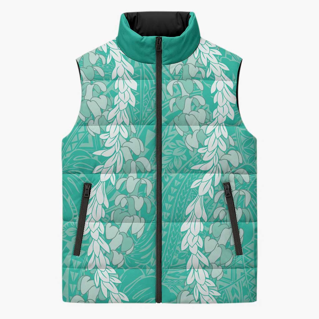 Puakenikeni and Maile Lei Sleeveless Puffer Jacket Sage Green Double Strand Lei - Polynesian Pride